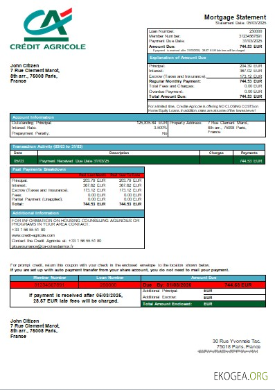 France Crédit Agricole Banque relevé hypothécaire scr